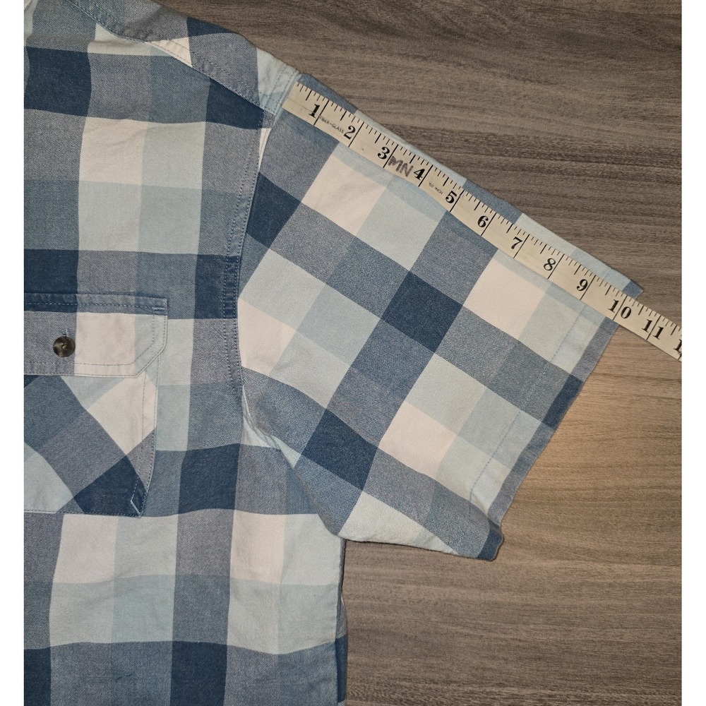 Red Head Blue Plaid Button Up Short Sleeve Shirt Outdoor Casual Spring Mens Sz L - Picture 10 of 10